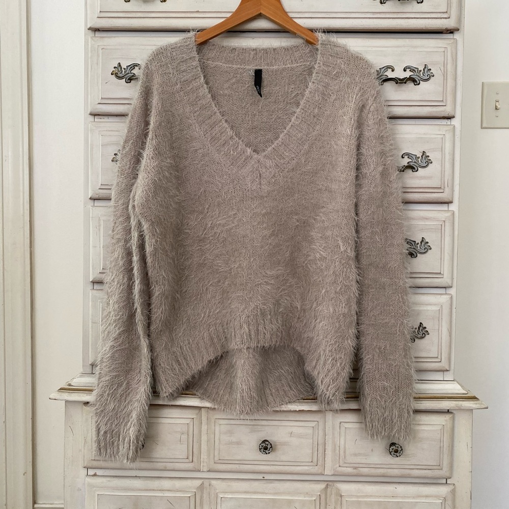 Vici Taupe Fuzzy V-Neck Sweater